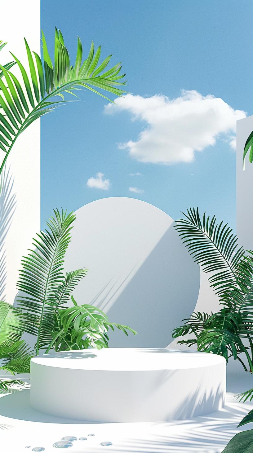 清新绿植环绕的白色展示台