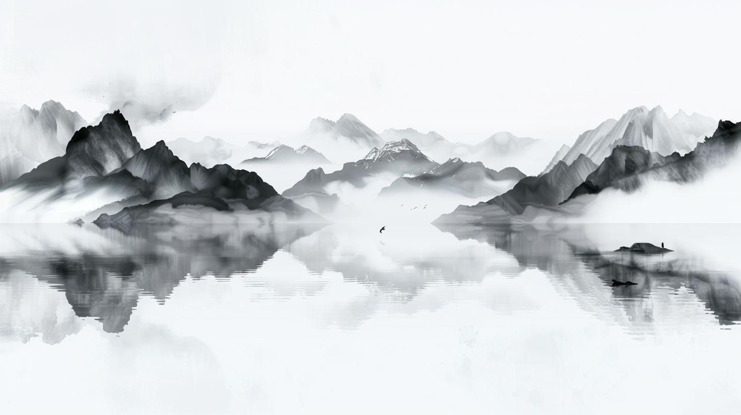 水墨风格山脉湖泊