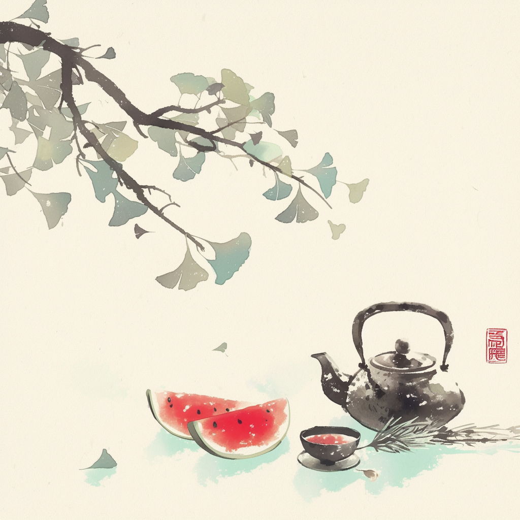 水墨风茶具西瓜图夏日清凉