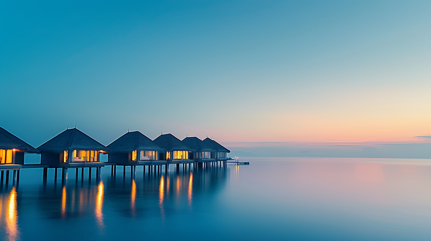 水上度假屋夜景浪漫海滨风情壁纸