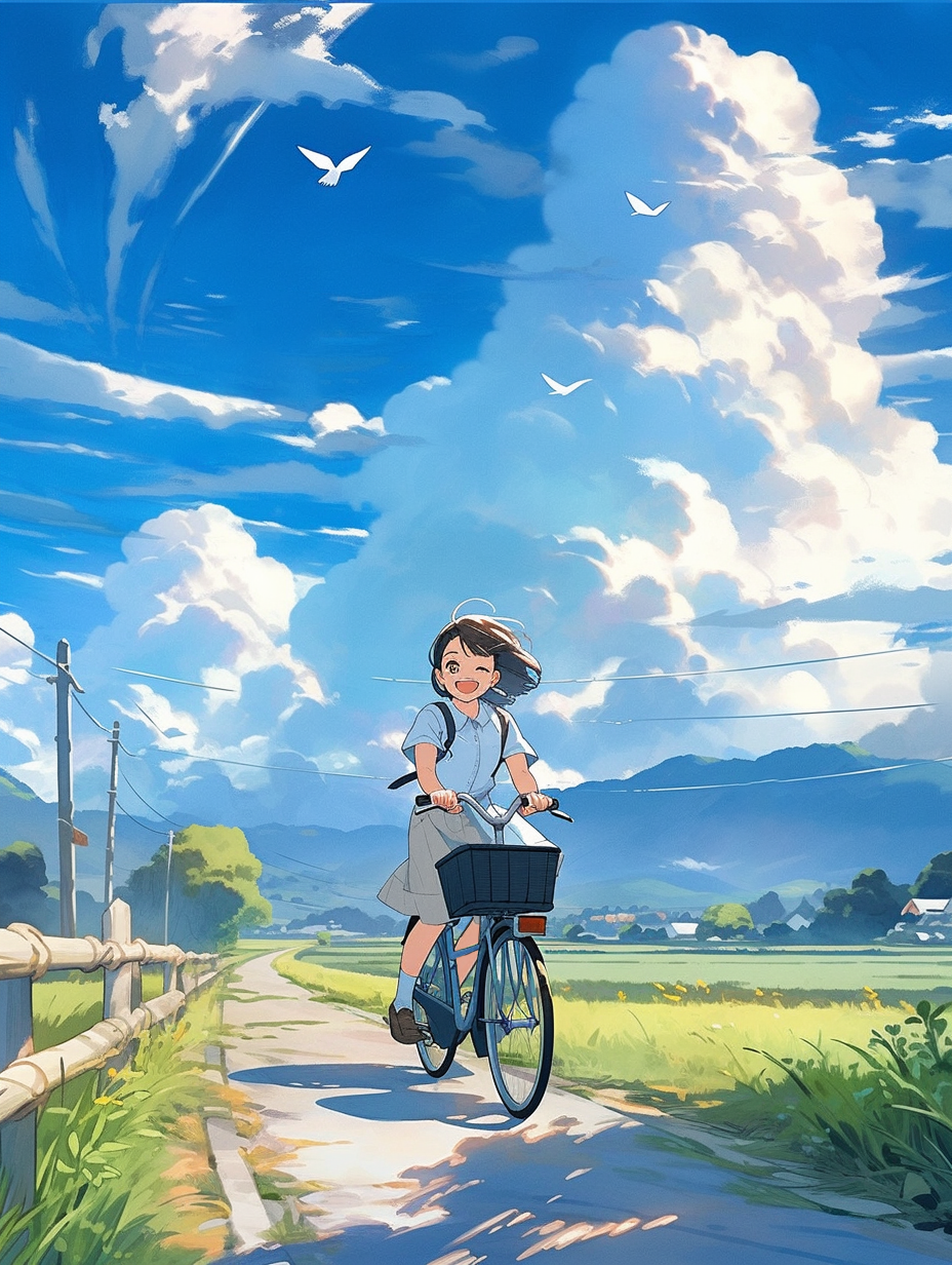 少女骑行于乡间小路的清新