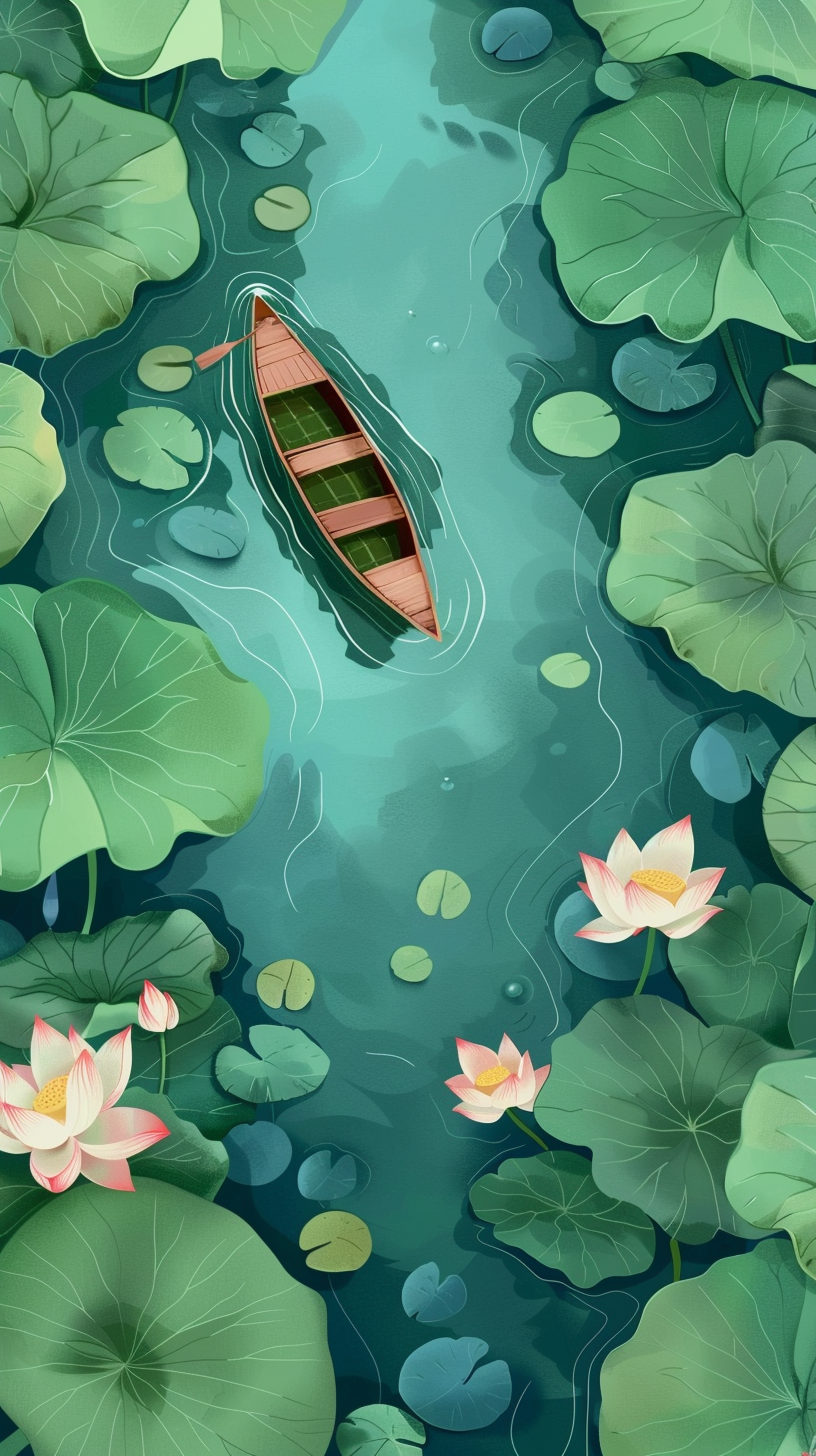 小船摇曳于荷叶间的清新湖泊