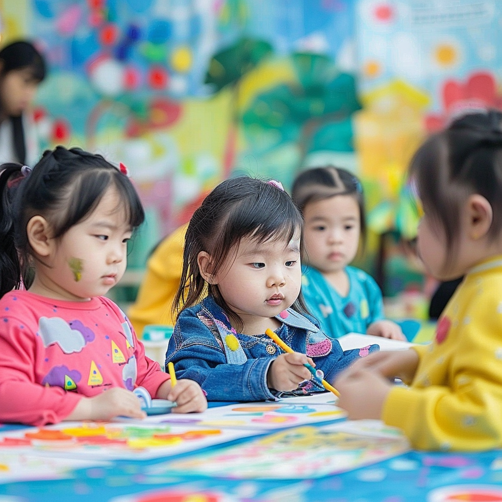 可爱儿童们在教学场景中欢乐绘画的画面