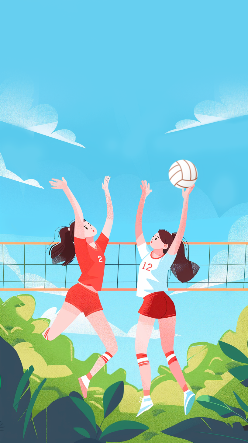 运动女孩打排球的活力漫画卡通宣传物料