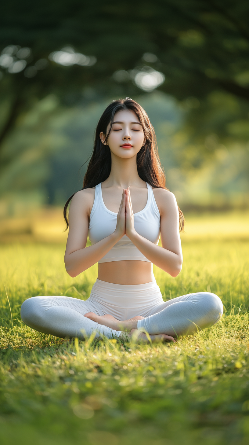 身穿运动装的女子户外做瑜伽
