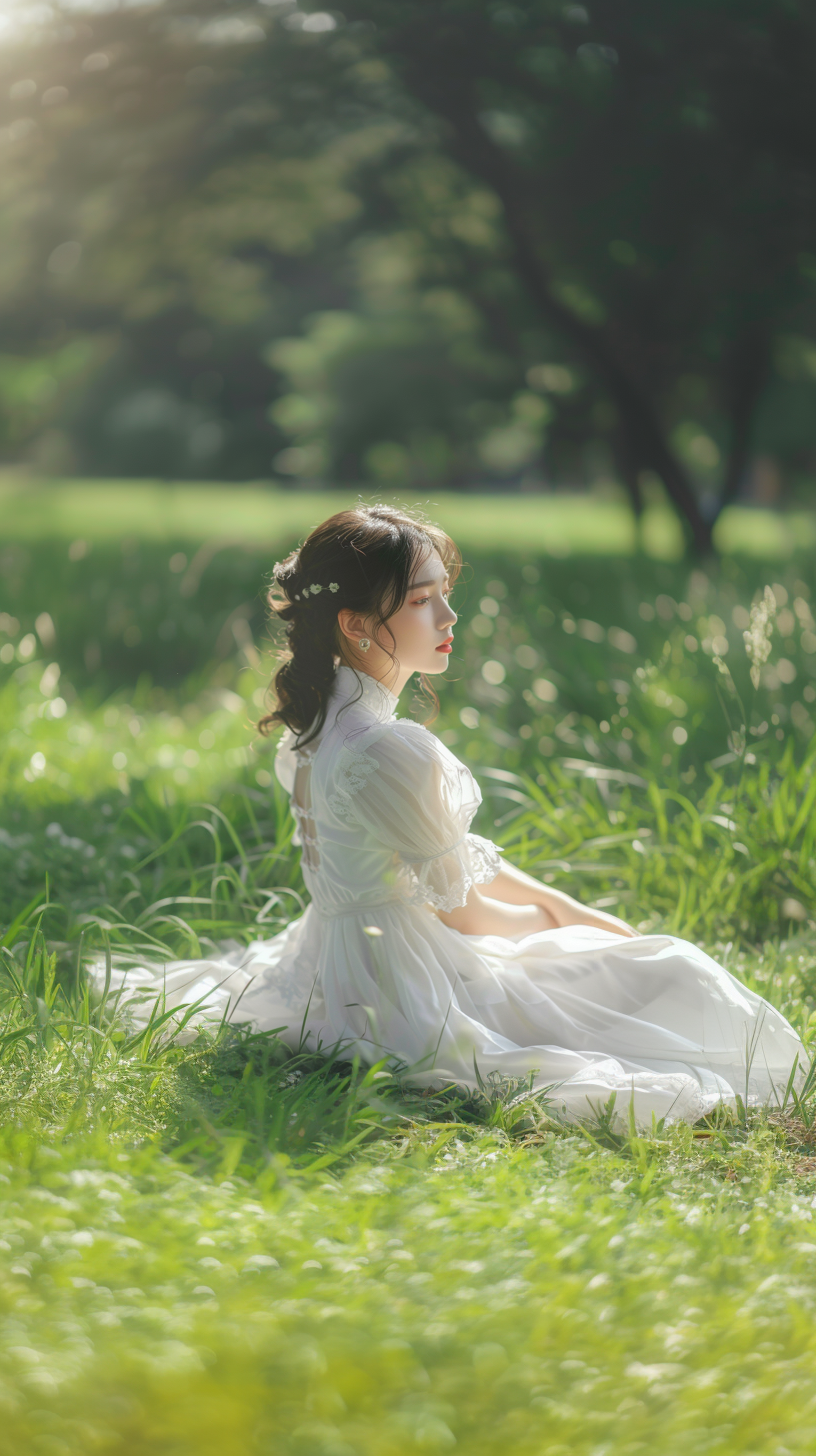 白衣女子静坐草坪清新文艺风户外写真