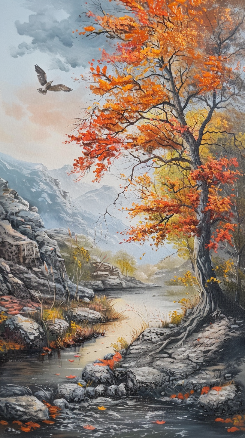 山川间红叶树与小溪构成自然风景画