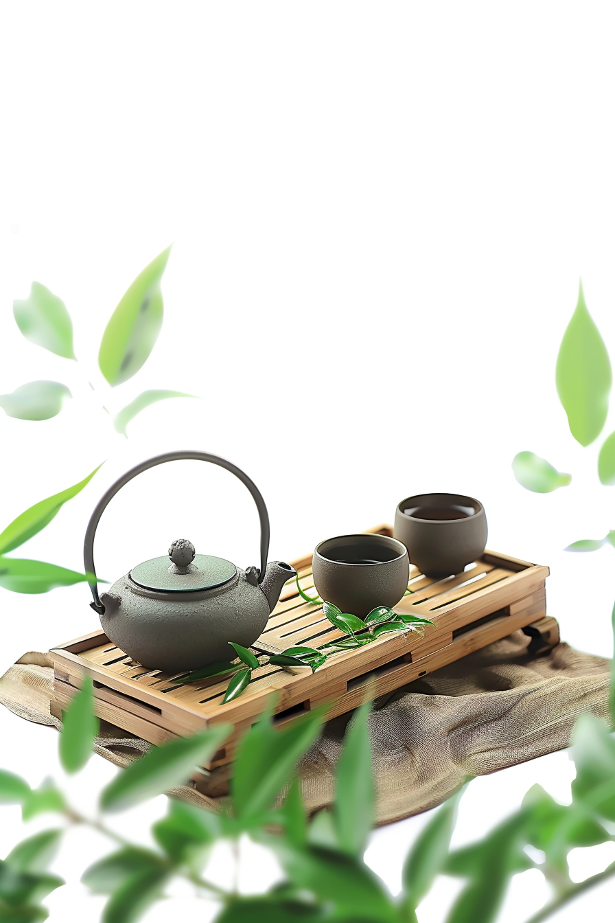 古朴茶具搭配绿叶