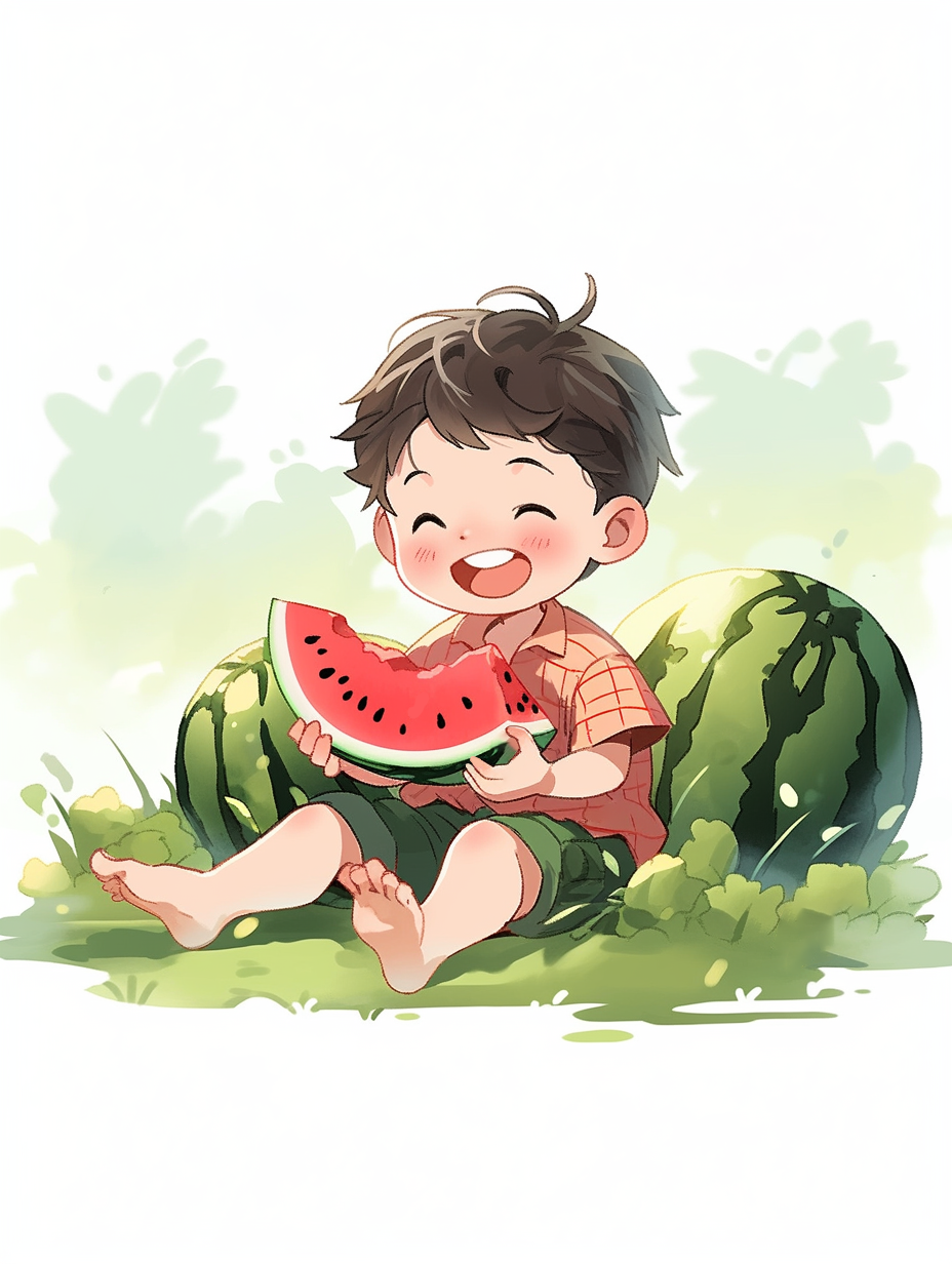小男孩吃西瓜插画