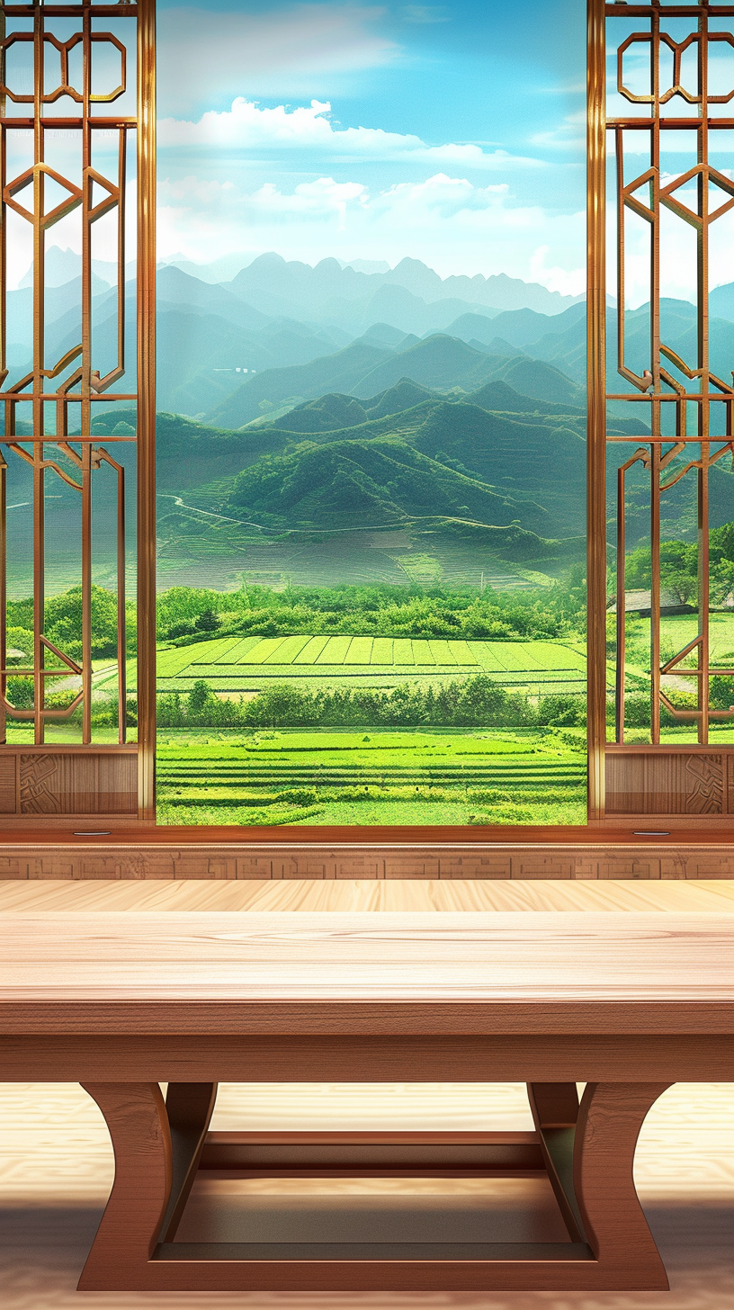 中式木质桌前赏窗外绿色田野山水风景