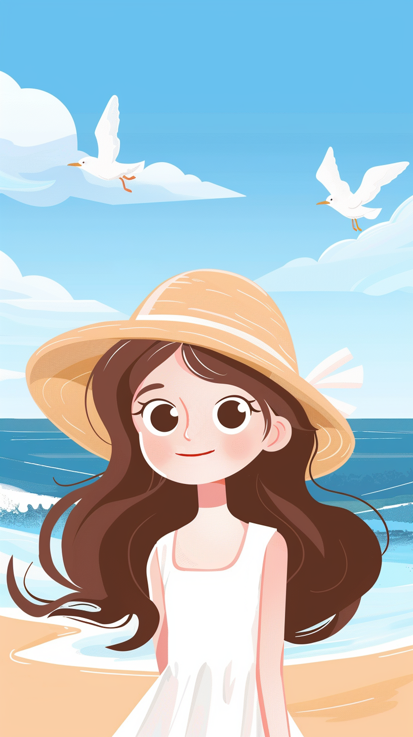 戴草帽女孩海边