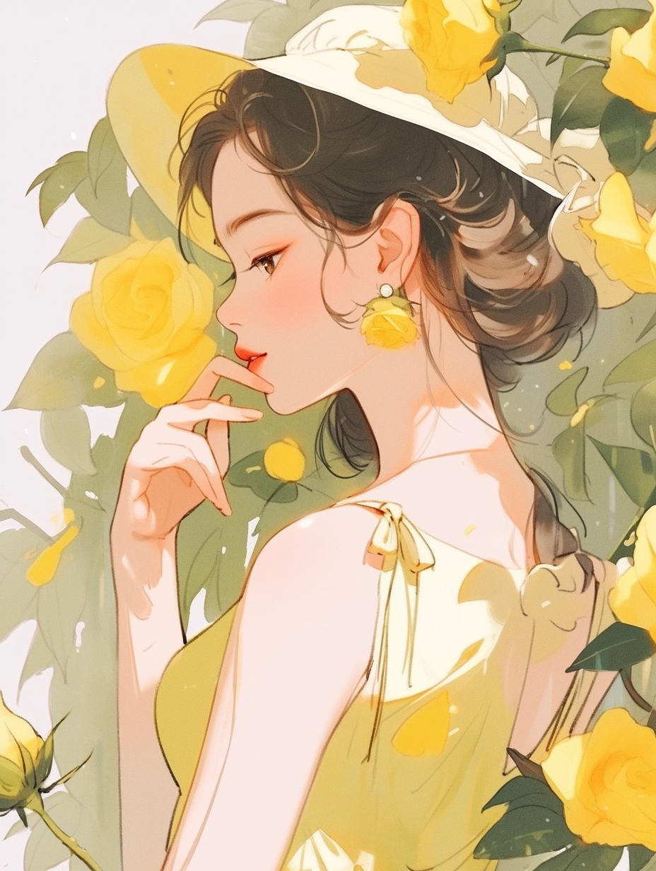 头戴白帽身着黄裙的优雅女子置身黄玫瑰中