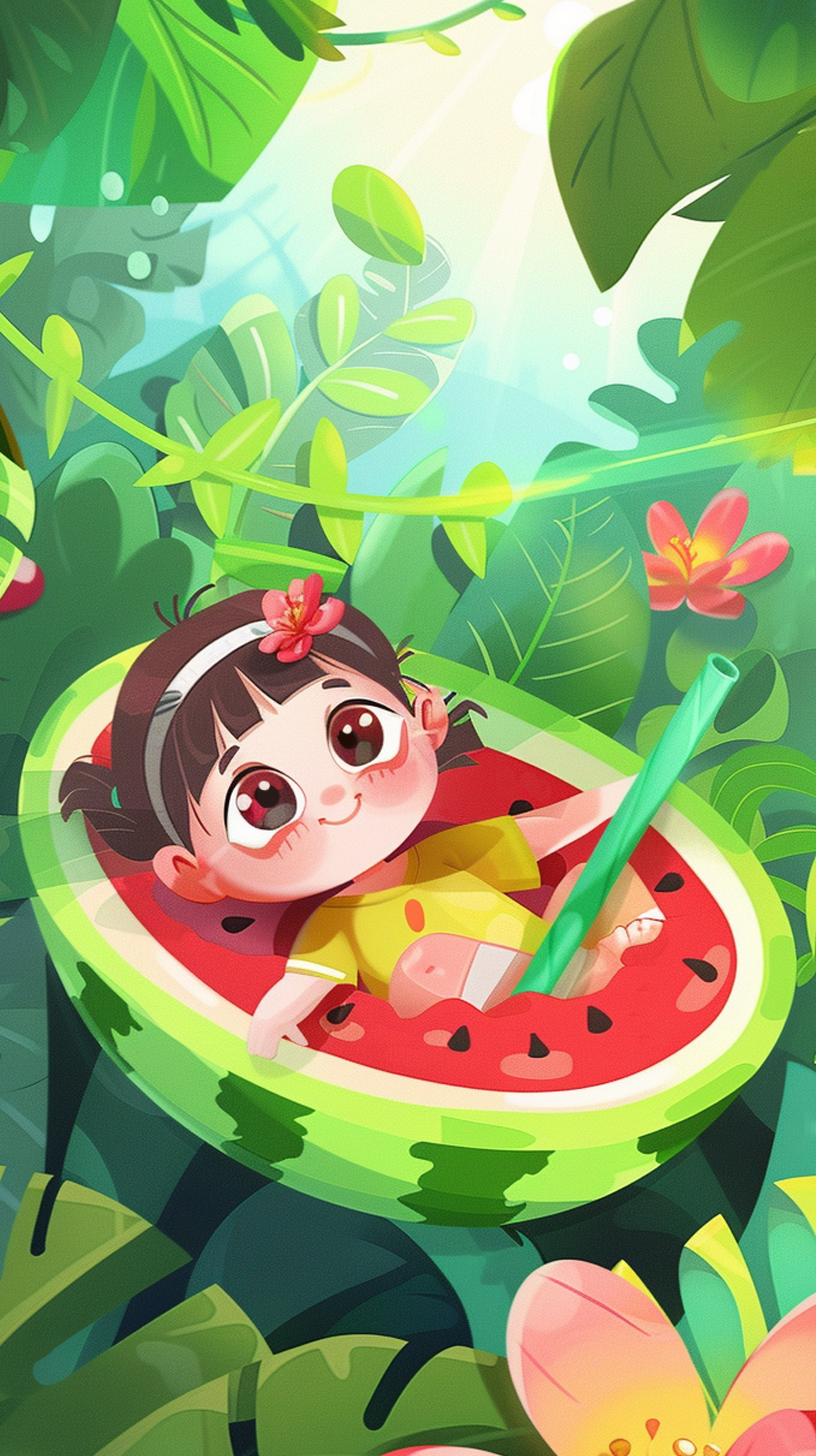 可爱女孩在西瓜中享受夏日森林