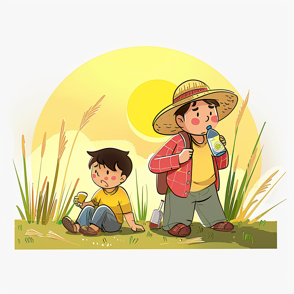父子在田间劳作休息的温馨场景插画图