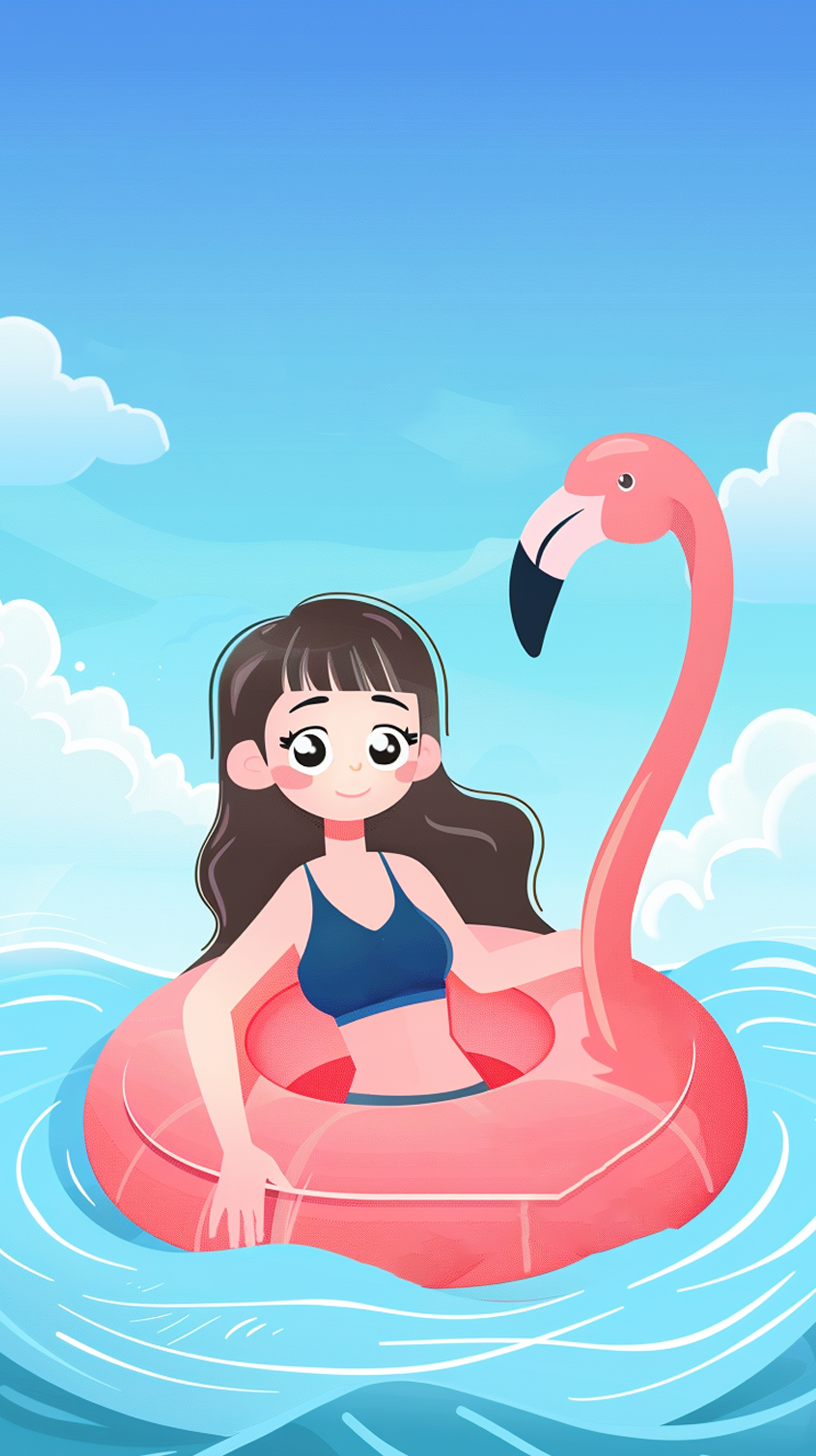 女孩与火烈鸟共浴的可爱夏日游泳壁纸