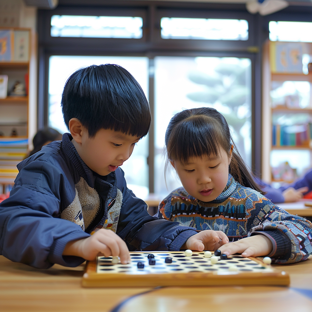 儿童专注玩棋盘游戏的温馨教学场景画面