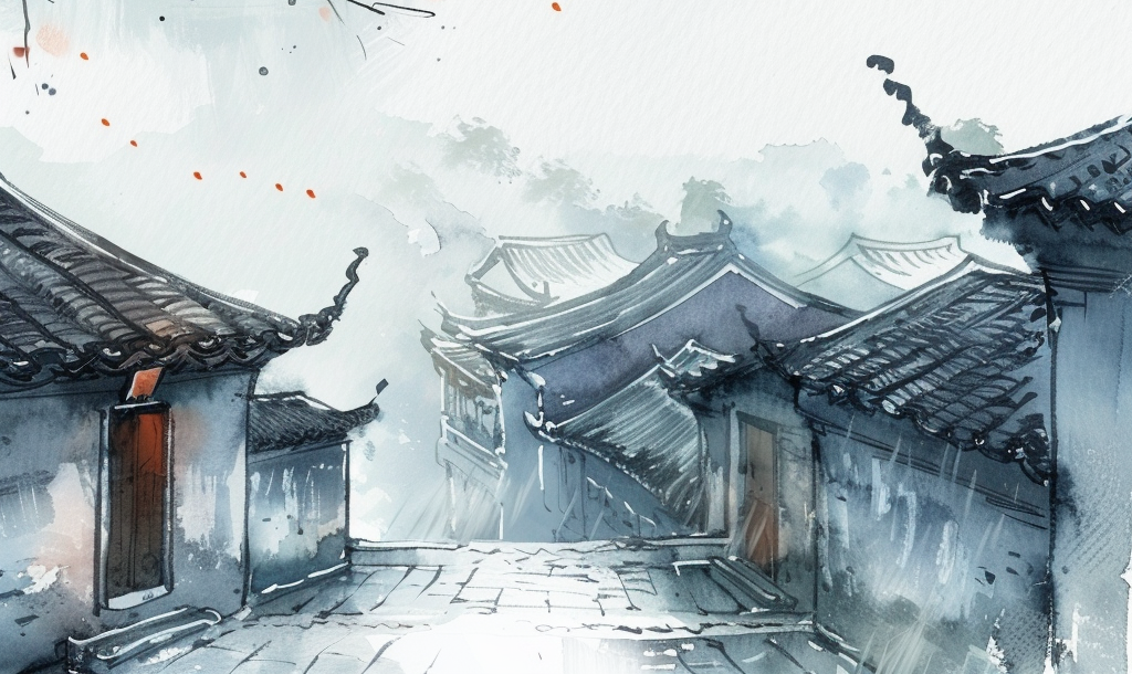 水墨风古建筑画中国风之美
