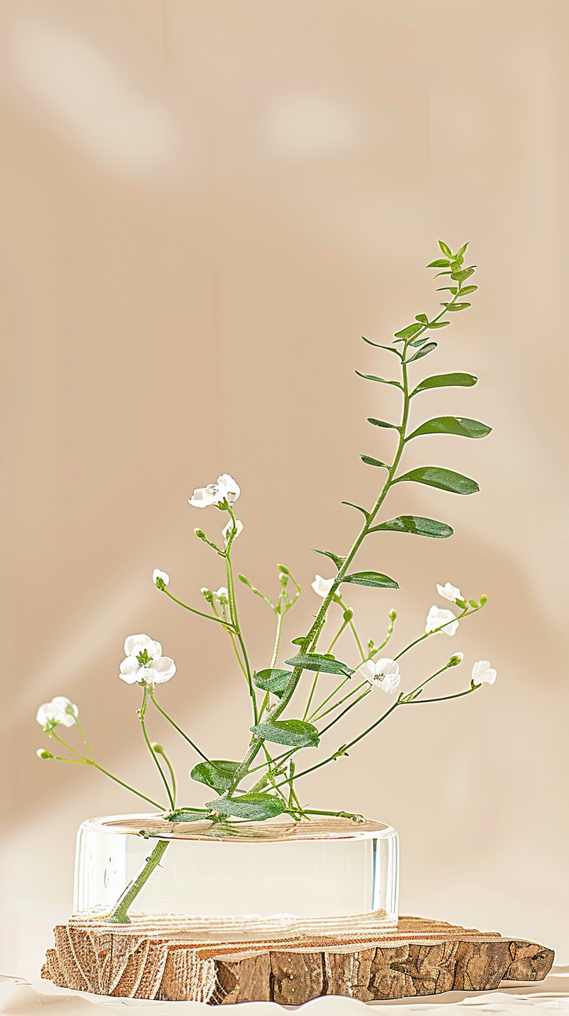 透明花瓶中绿植配白花