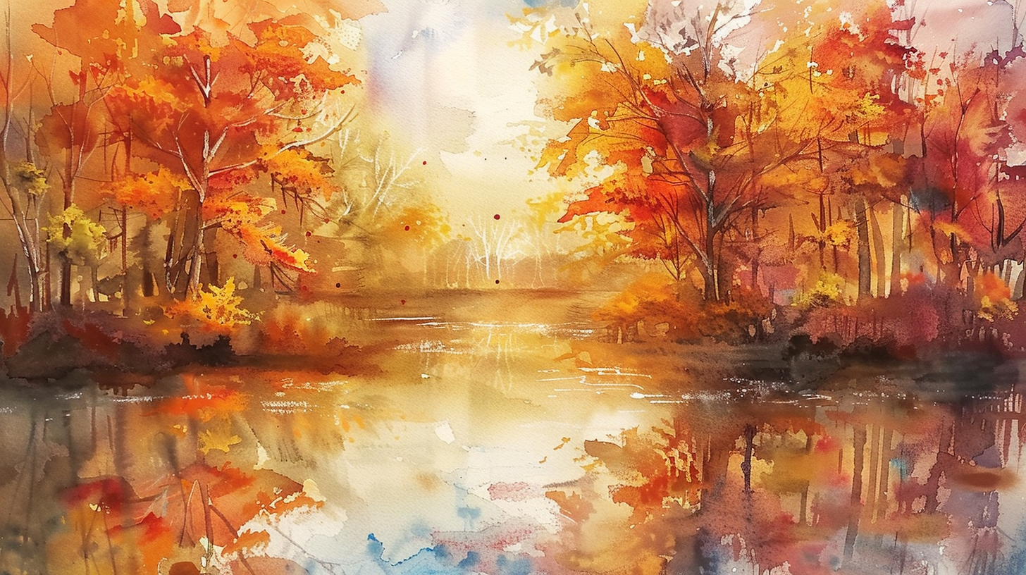 唯美水彩画展现秋日森林湖泊美景