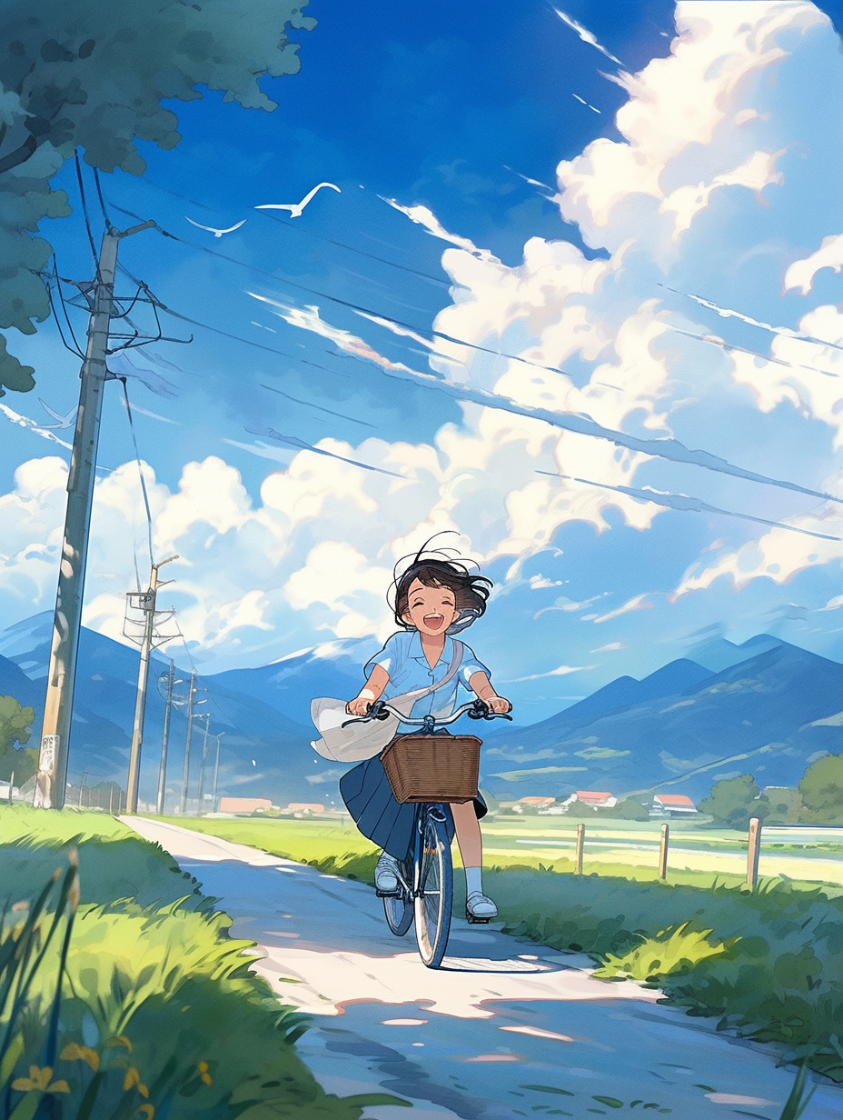 少女骑自行车惬意前行