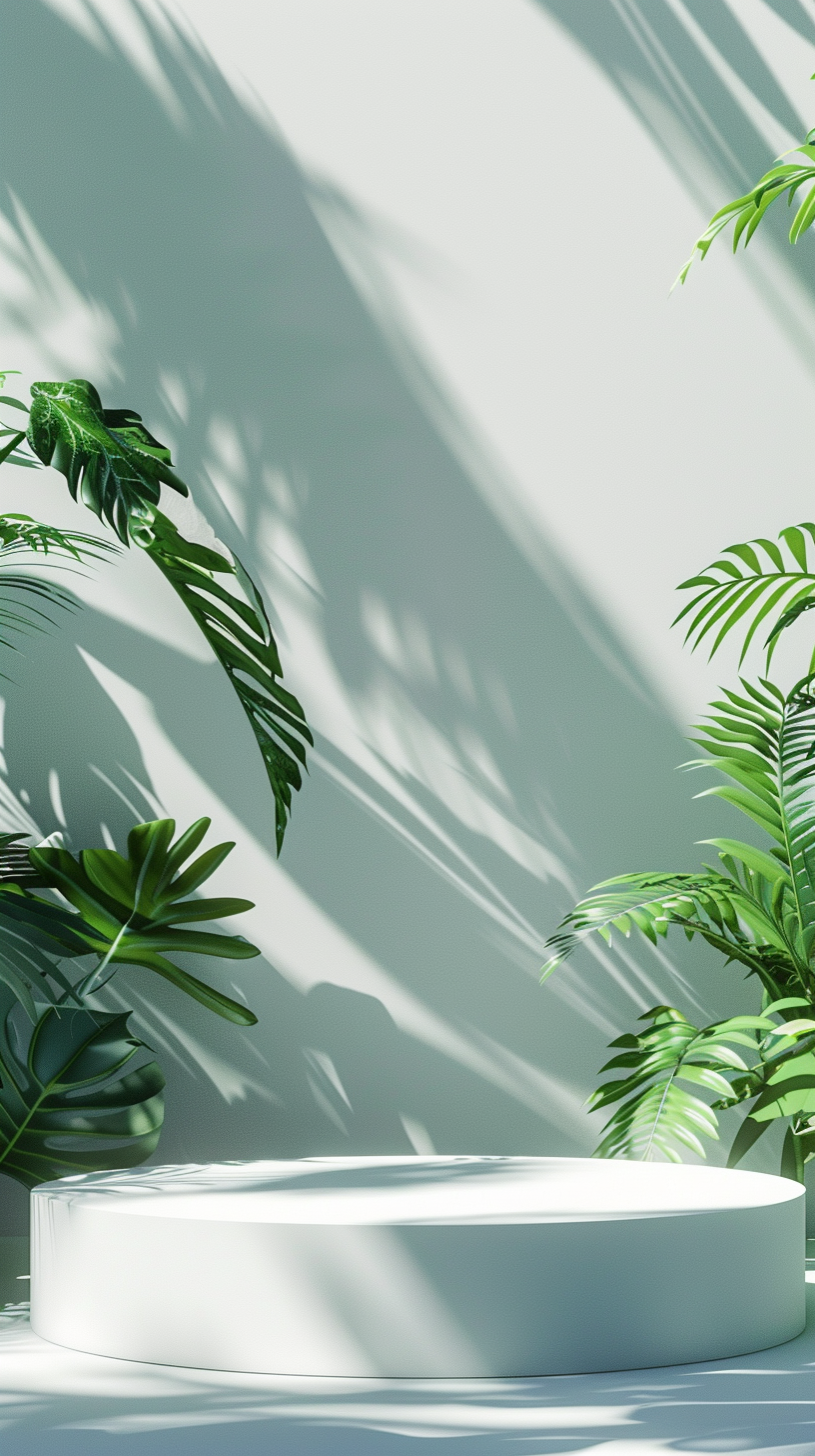 绿色植物环绕的白色展示台