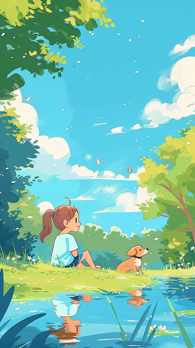 女孩与小狗的清新户外场景