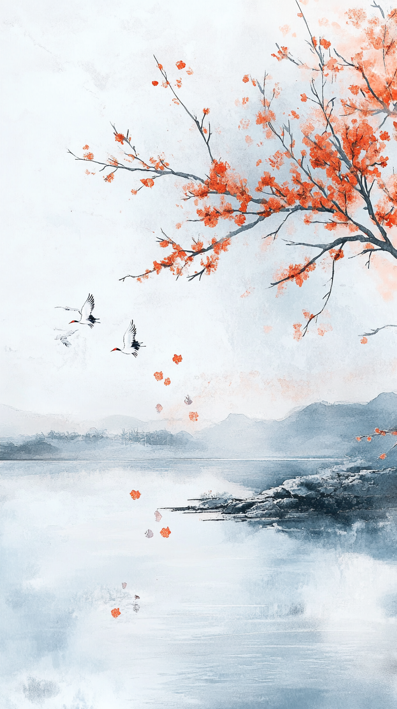 水墨风湖泊飞鸟图