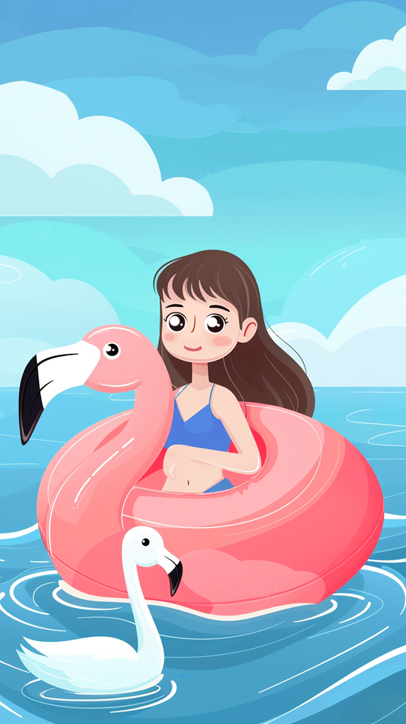 女孩坐火烈鸟泳圈漂浮水上