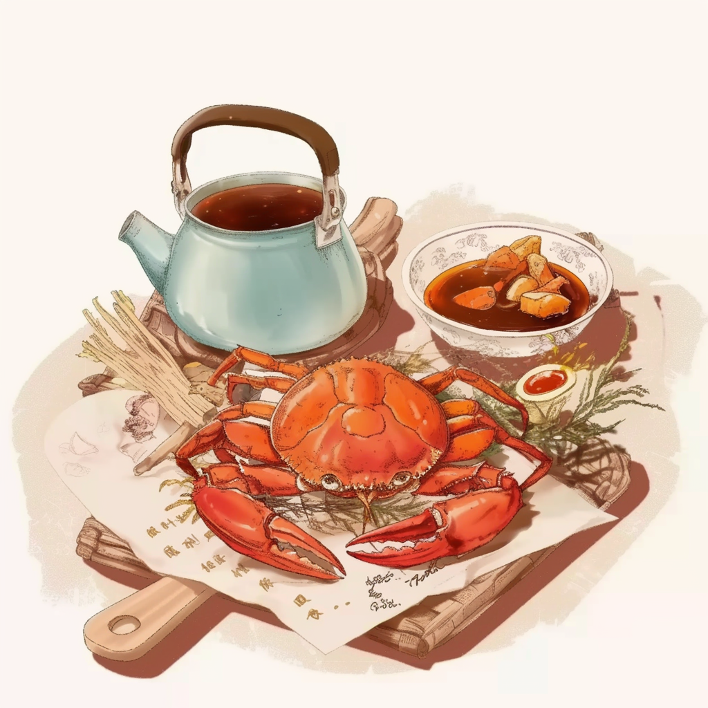 美味大螃蟹配壶热茶