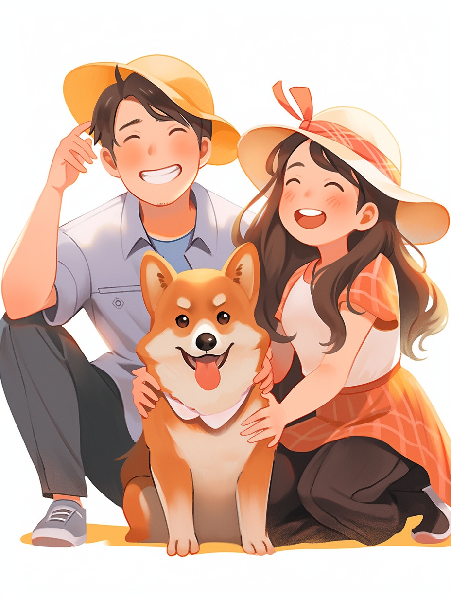 可爱男女与宠物犬的温馨合照