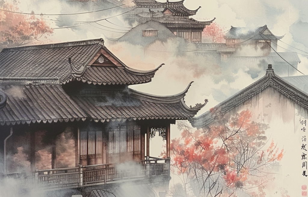 水墨风格古建筑画中国风之美