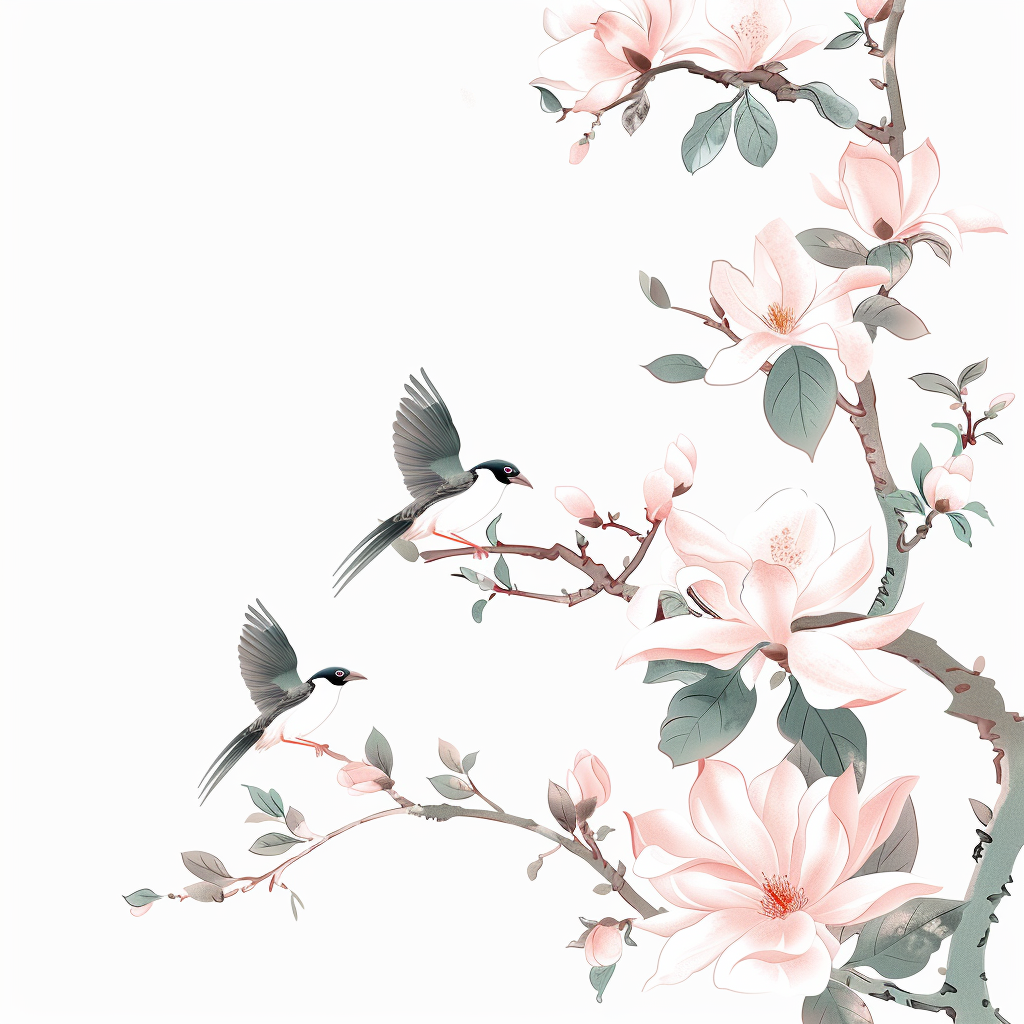 两只鸟栖息于盛开玉兰花枝间的唯美画面