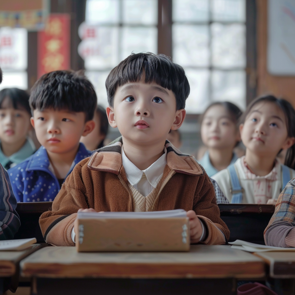 可爱小学生认真听讲的校园教学场景