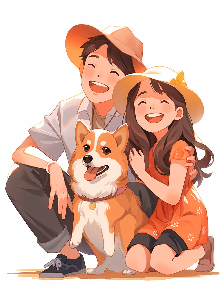 可爱插画风格的宠物与人物温馨相伴
