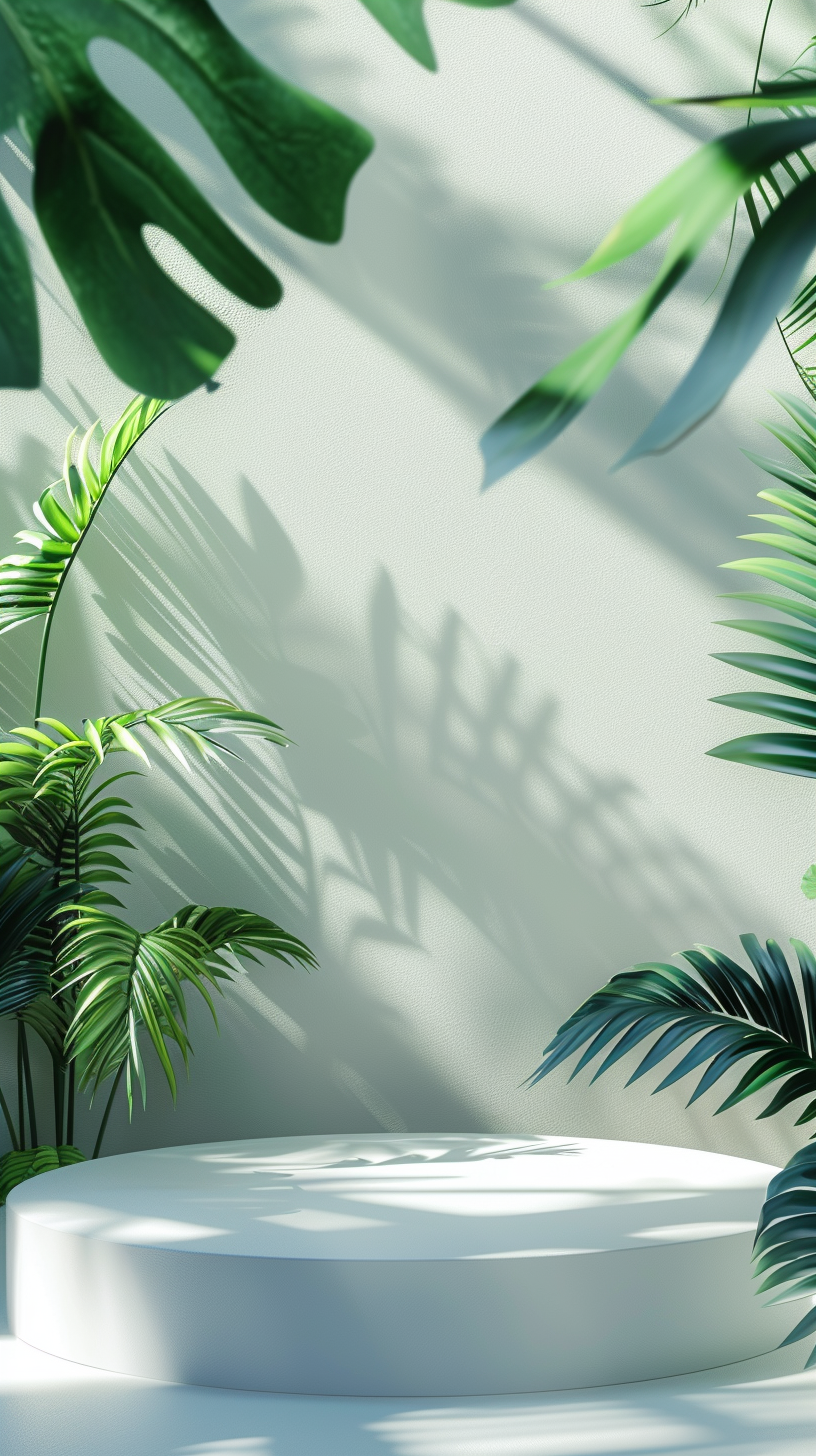 绿色植物环绕的白色展台