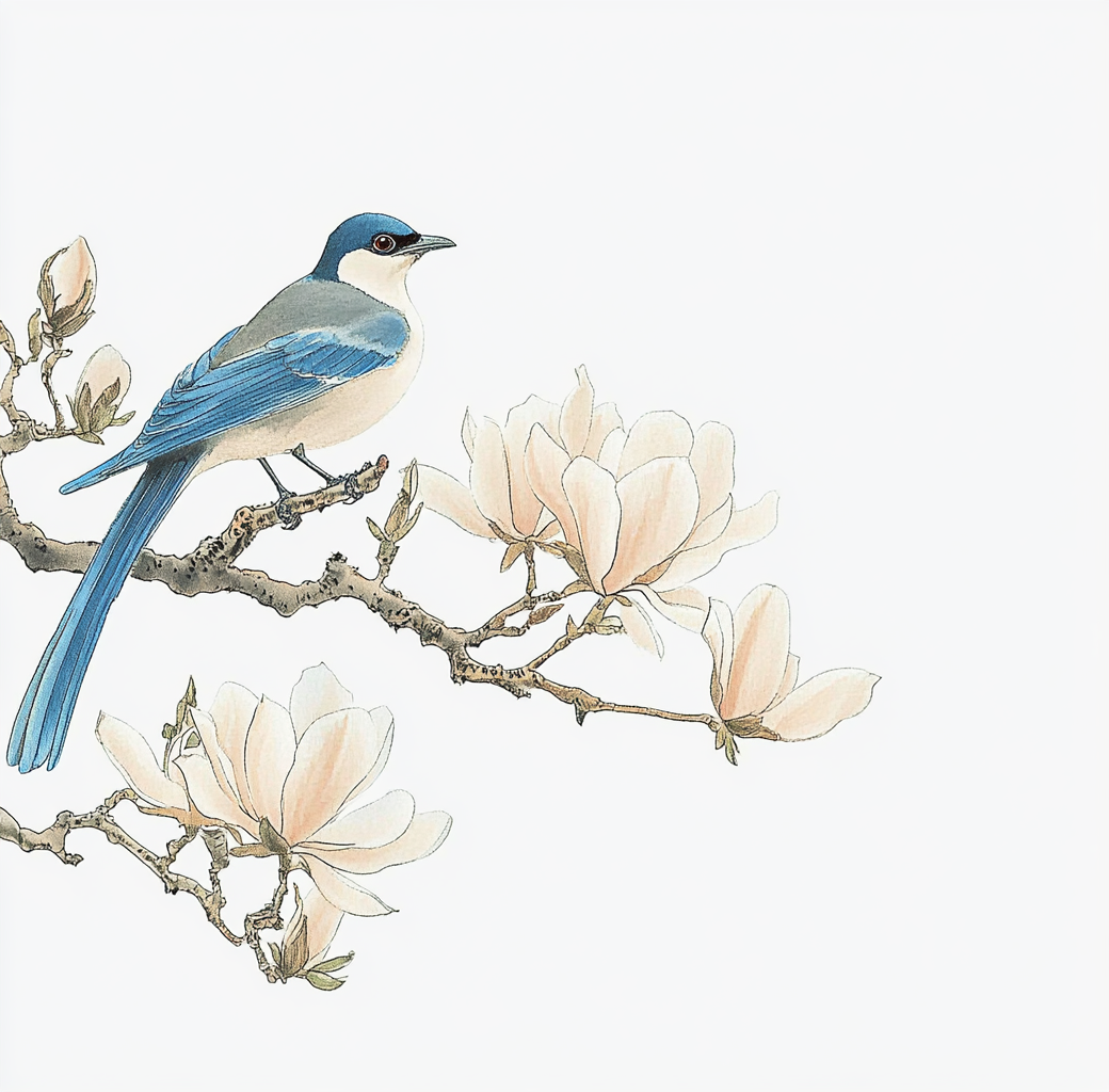 蓝鸟栖息玉兰花枝的唯美水墨风绘画