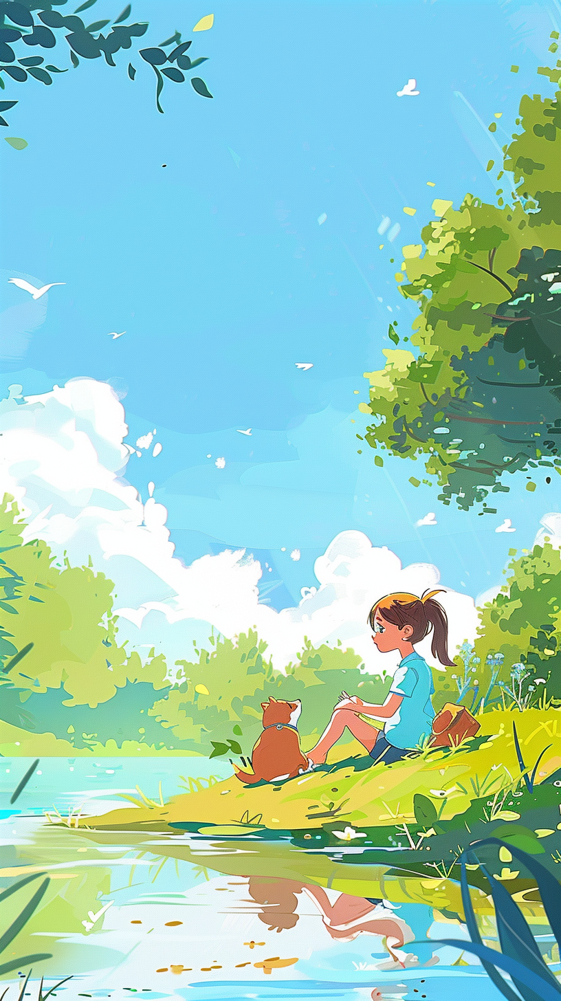 小女孩与宠物在湖边享受美好时光
