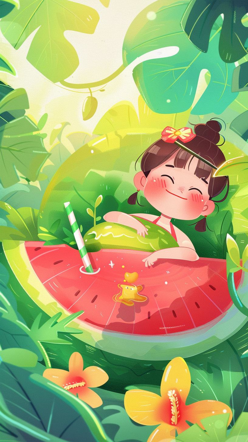 可爱女孩在西瓜中享受夏日