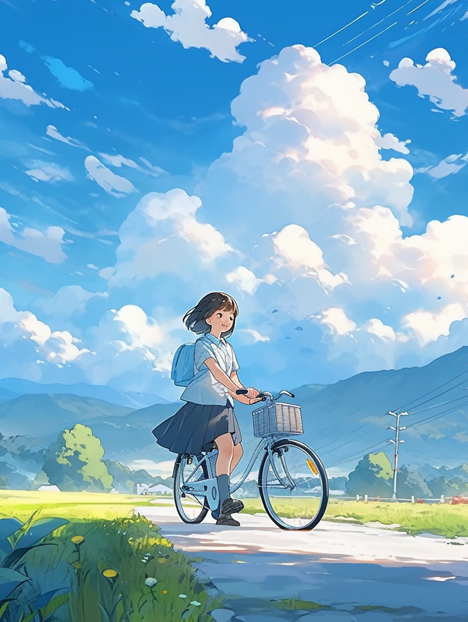 少女骑行在乡间清新风格自行车壁纸