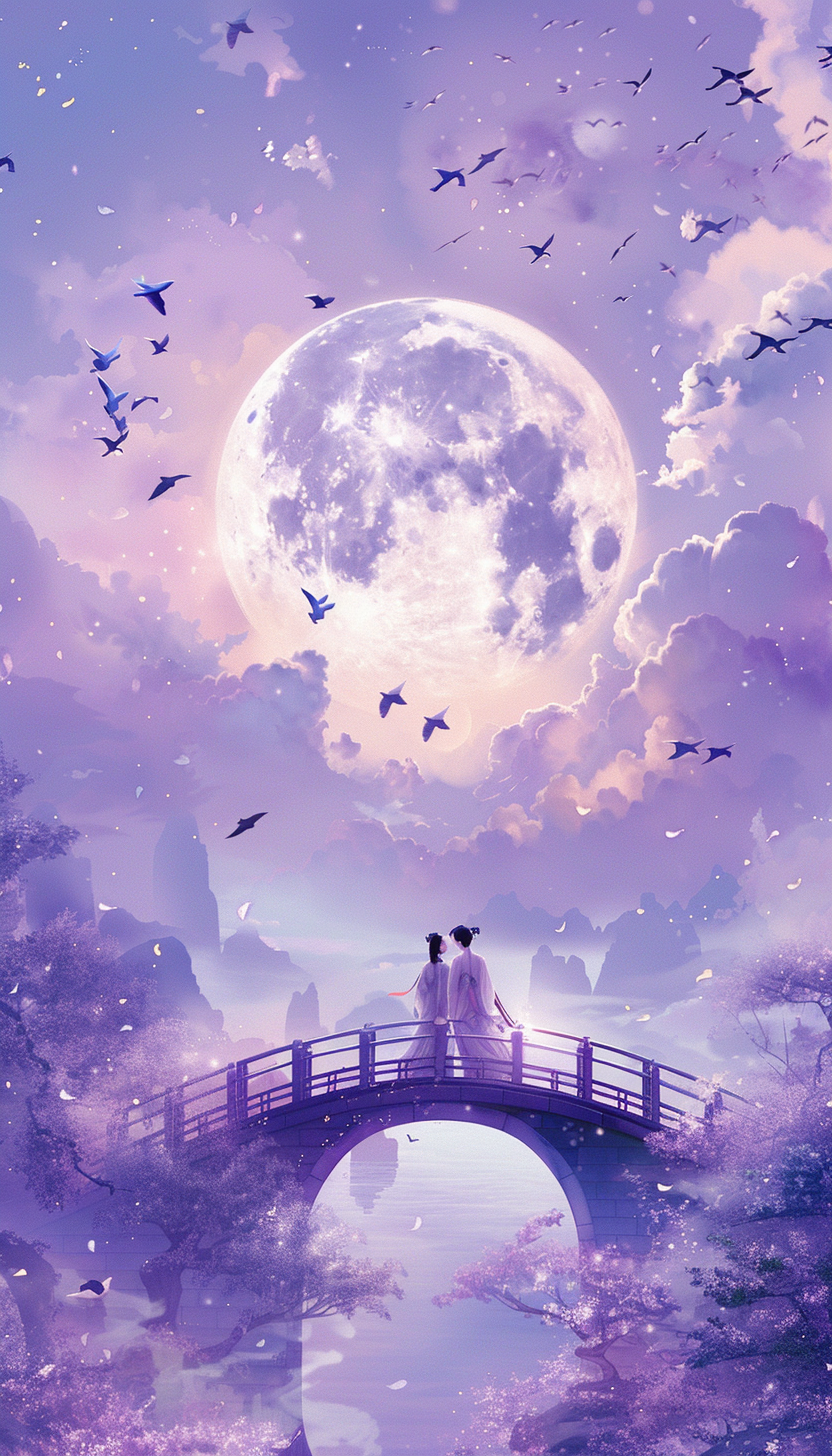 浪漫月夜下桥上情侣