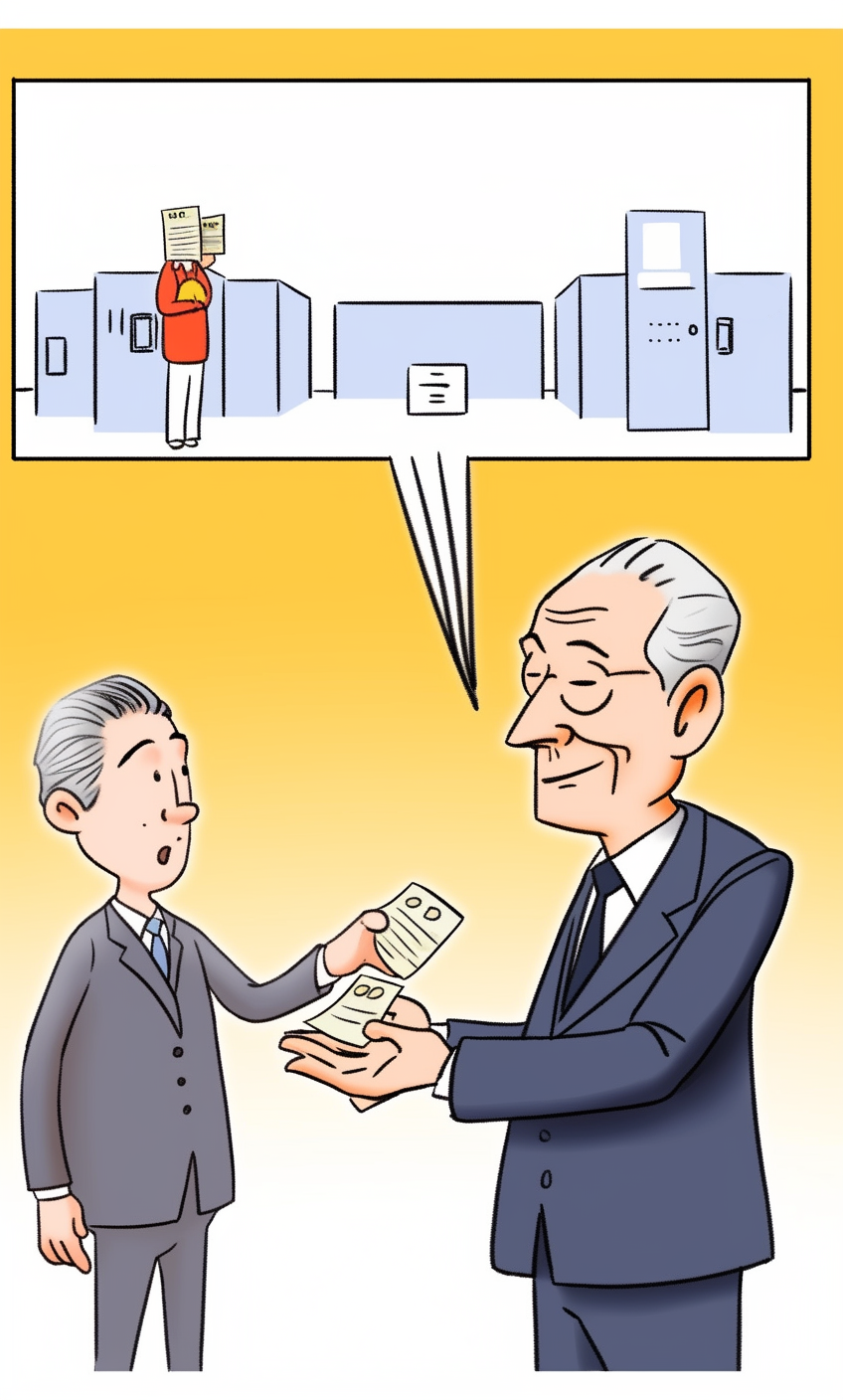 西装人物进行文件交易的商务漫画图
