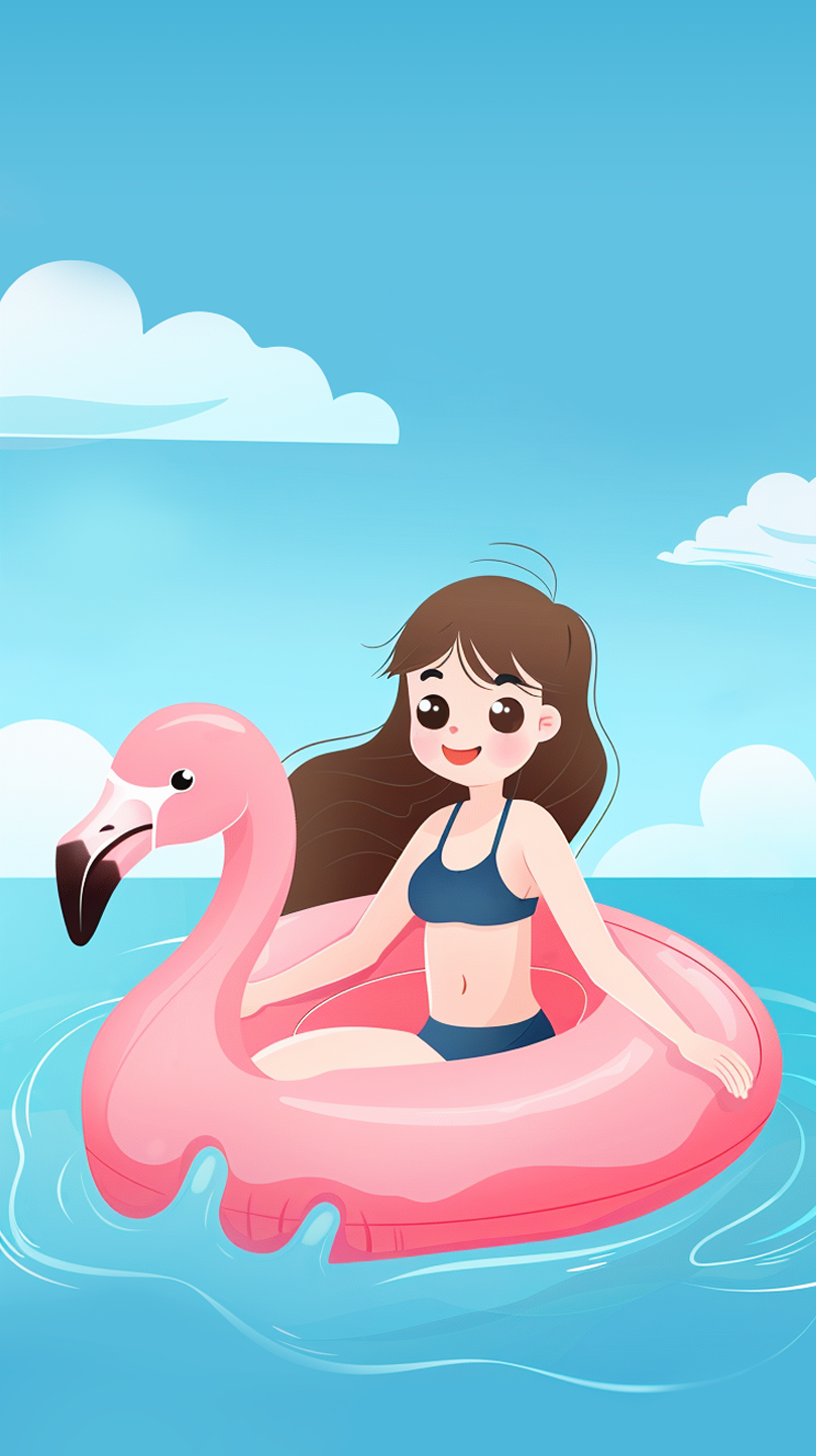 女子穿比基尼坐火烈鸟泳圈在水中