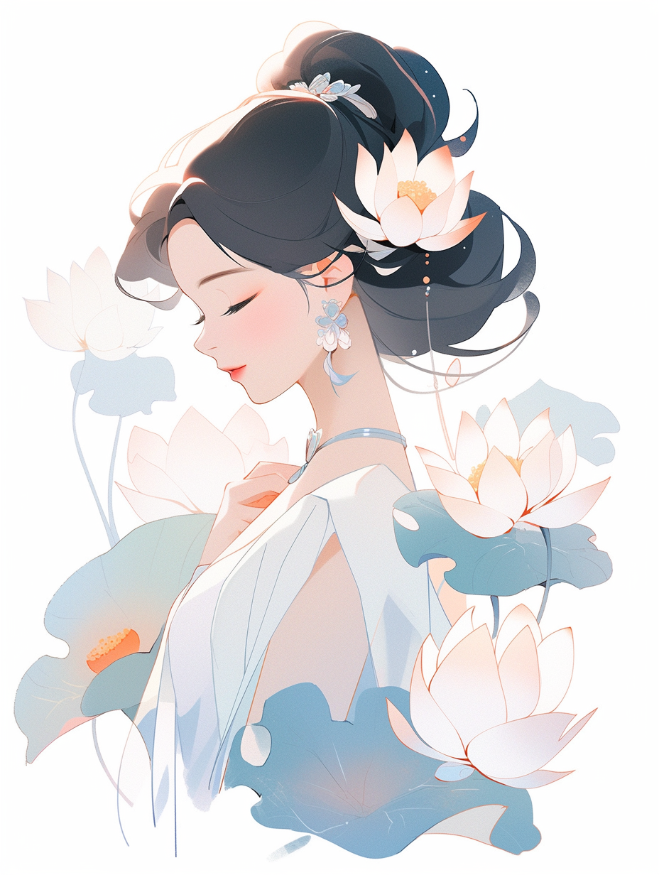 古装女子与莲花相伴
