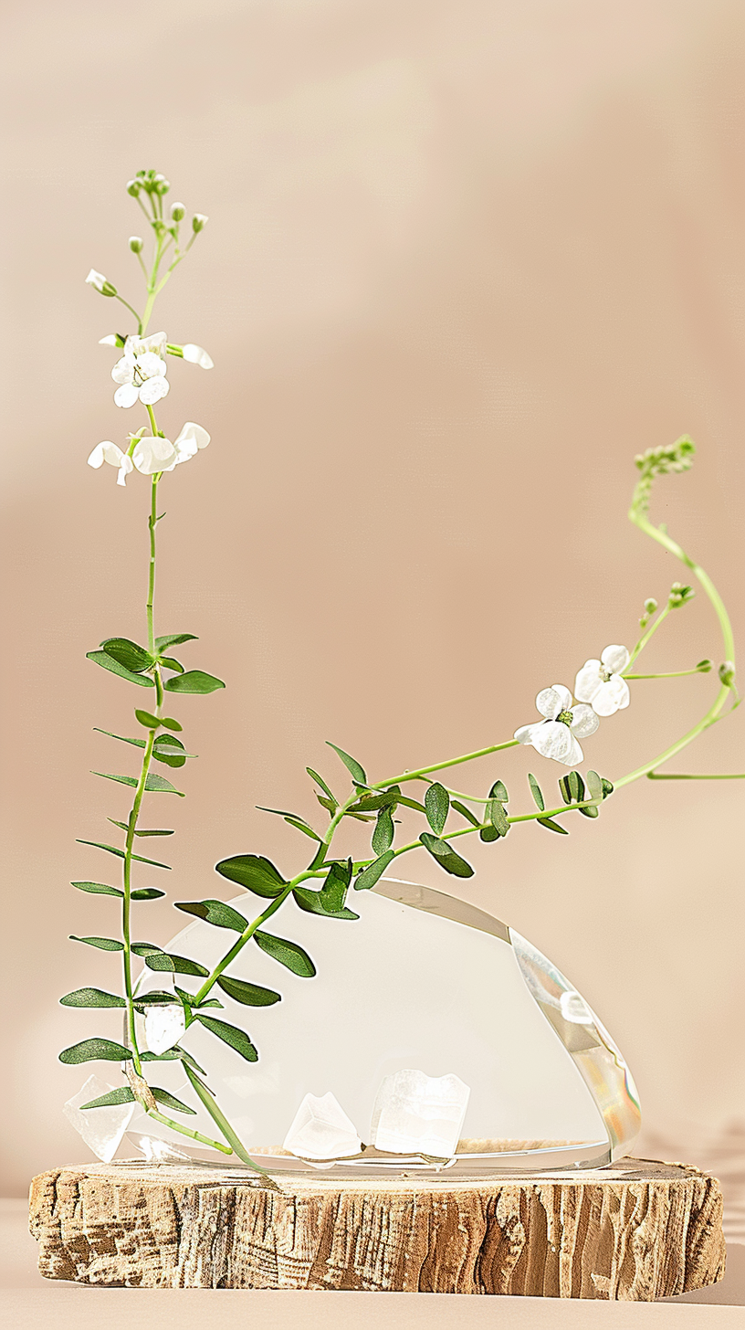 透明花瓶配绿叶白花