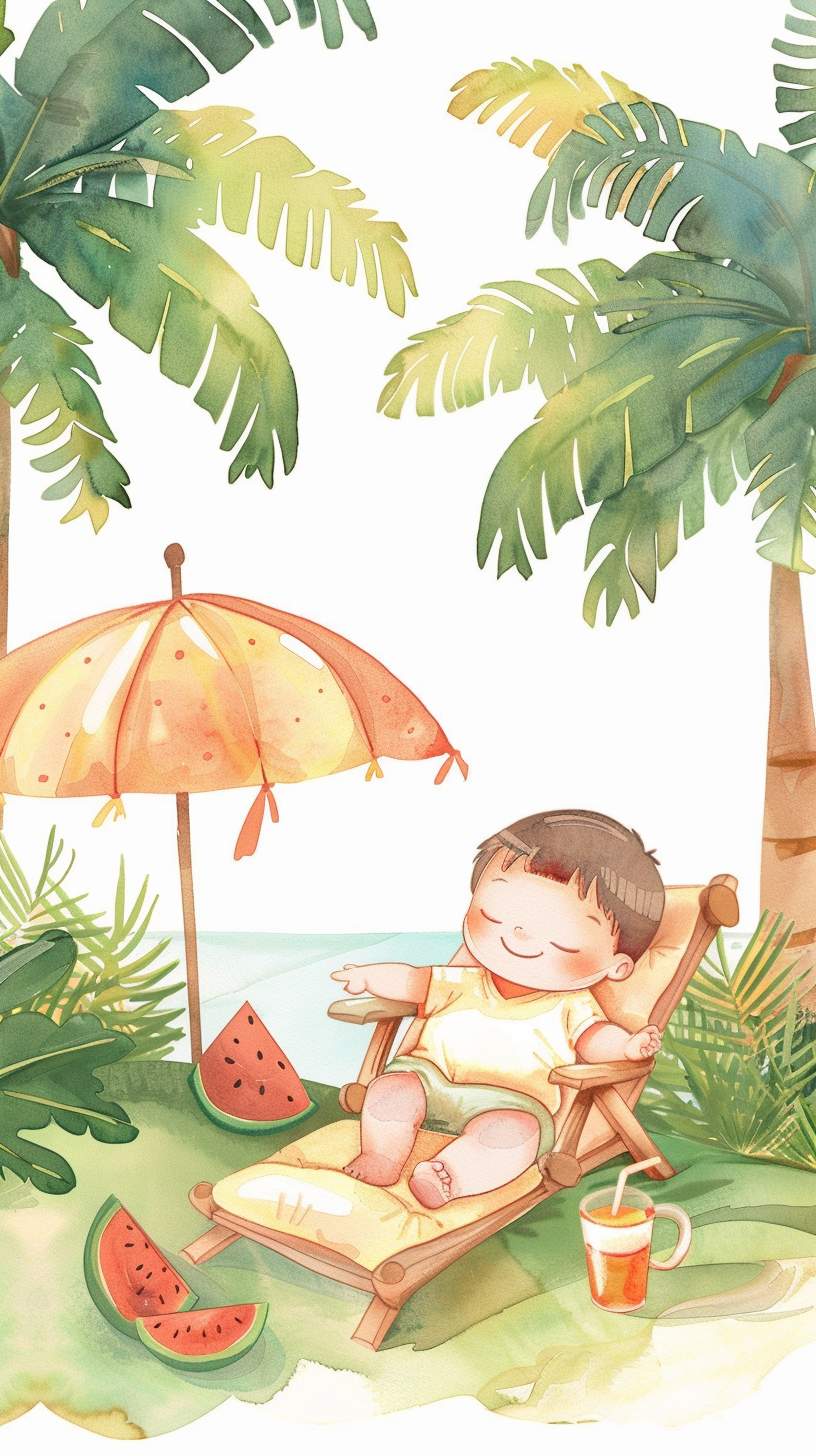 小男孩惬意躺椅享受夏日时光的可爱插画