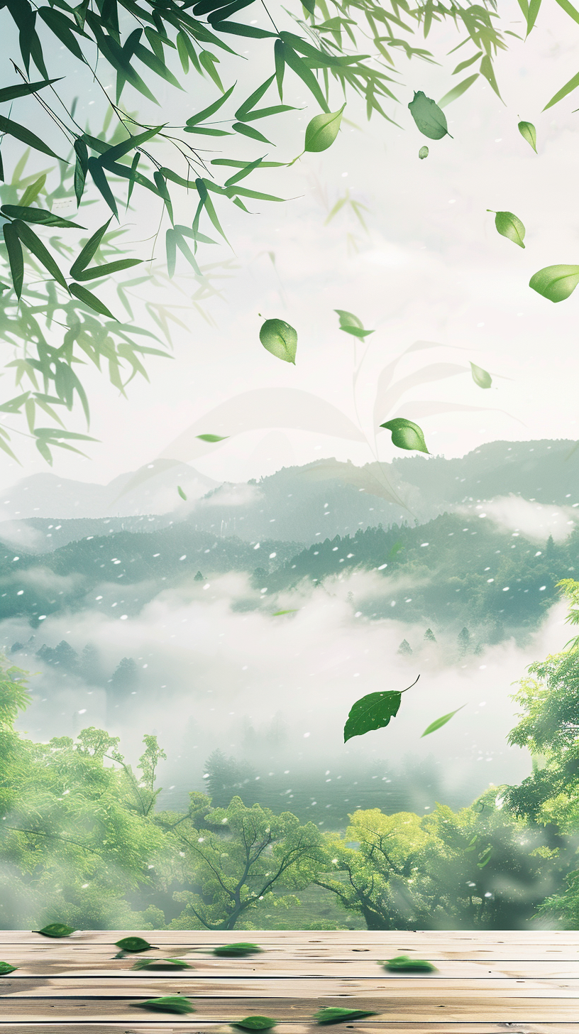 飘落绿叶与山林云雾