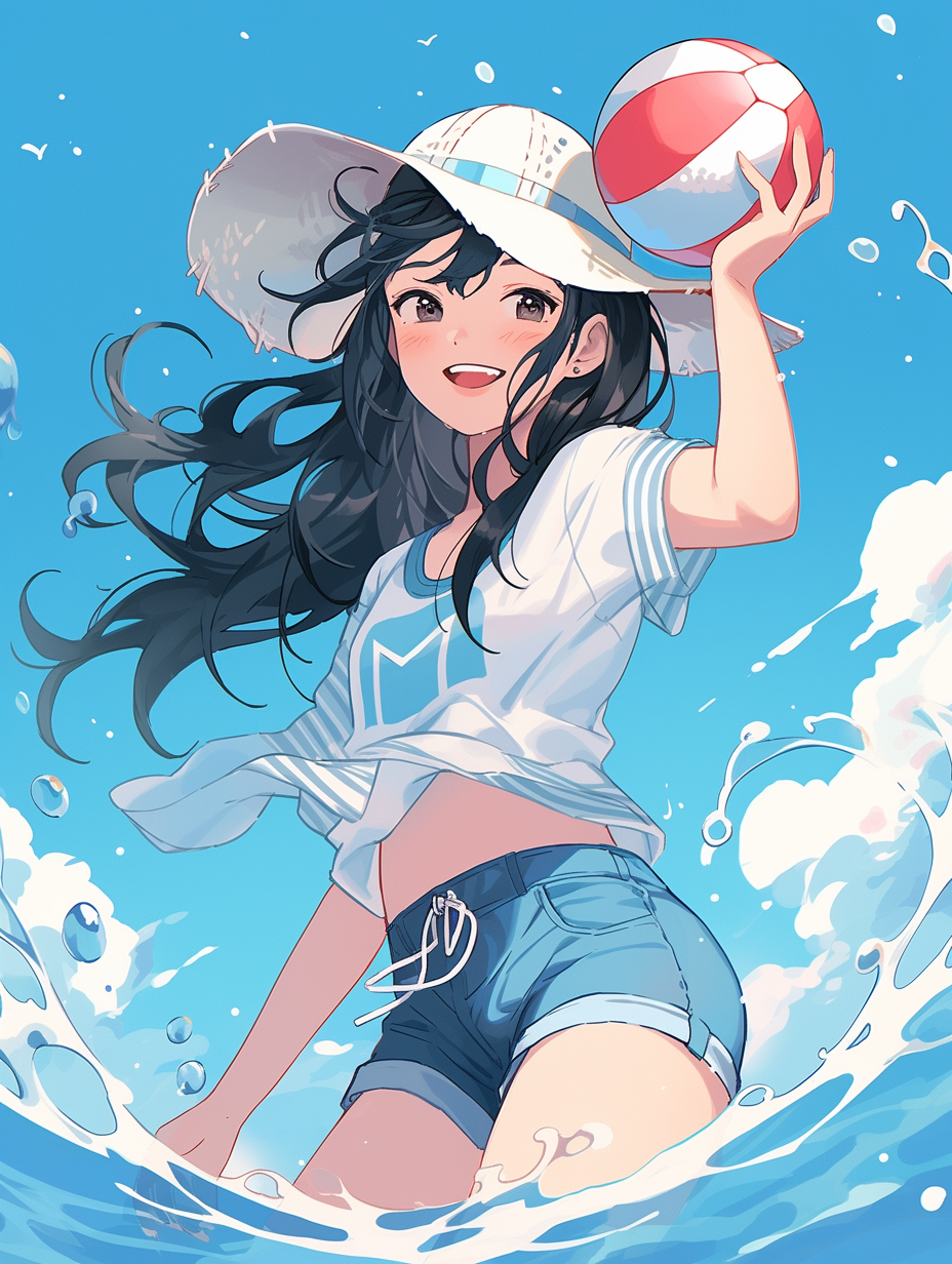 时尚运动女孩在水中玩球