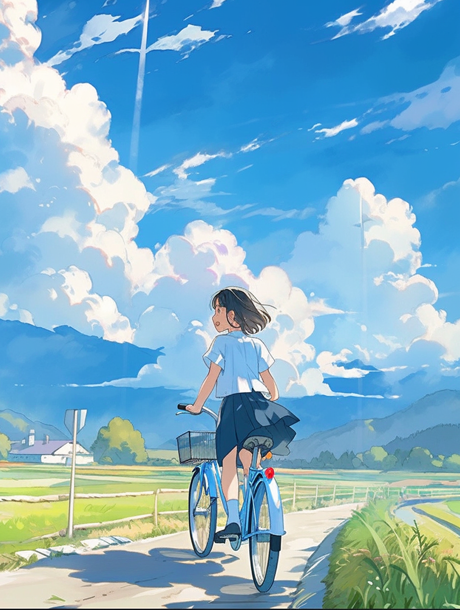 女孩骑自行车的清新乡村