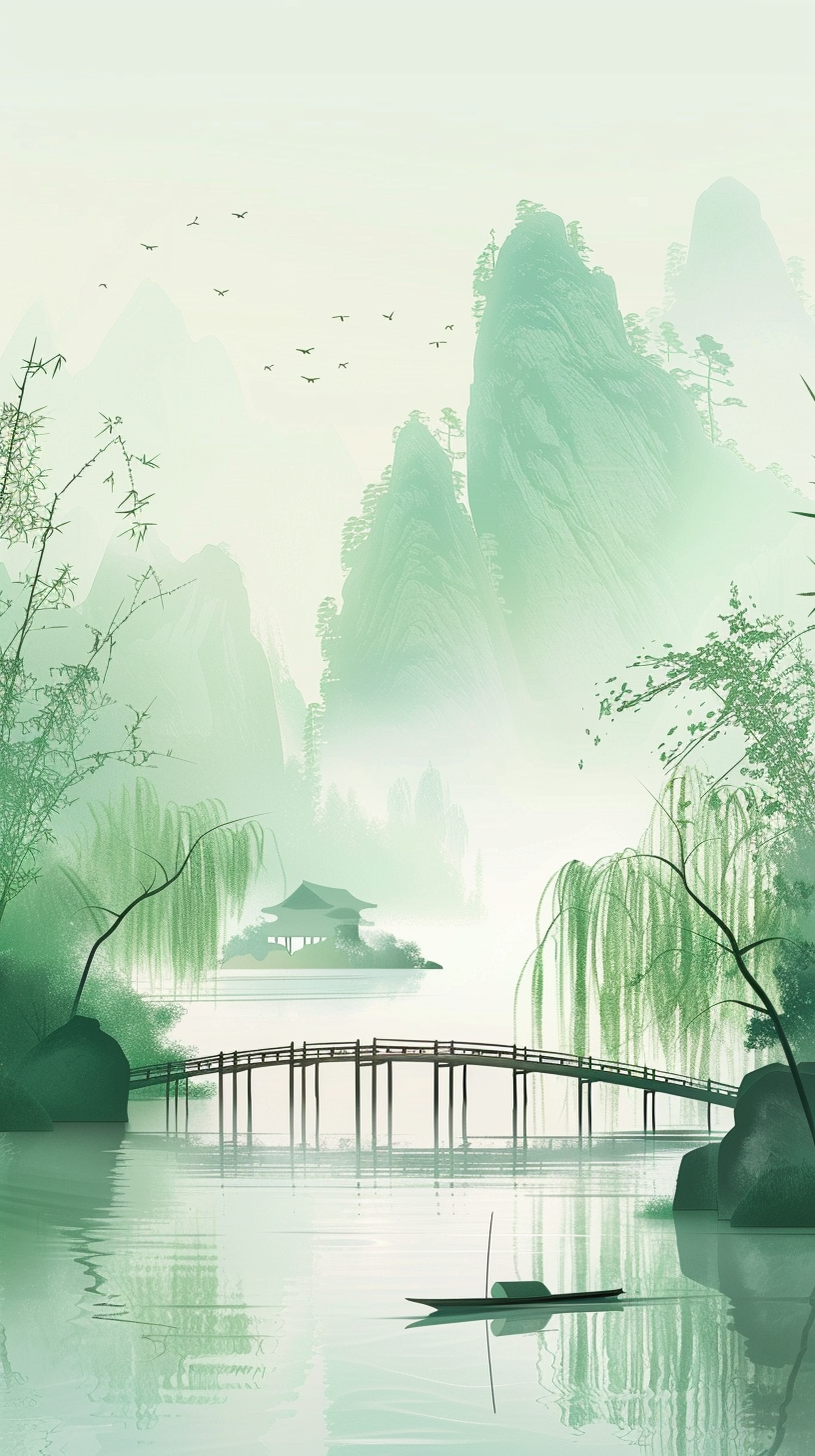 水墨风格的湖泊桥梁美景
