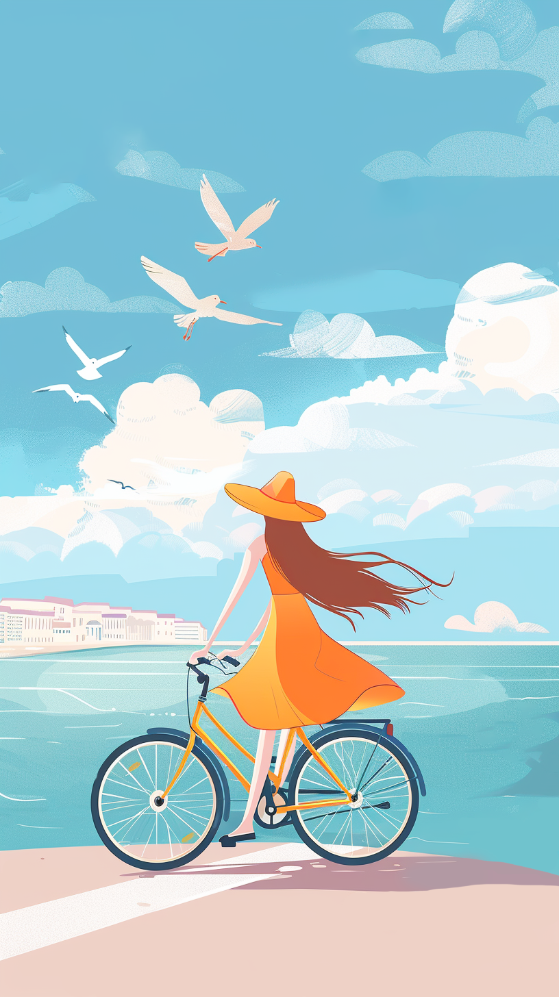 女子海边骑自行车